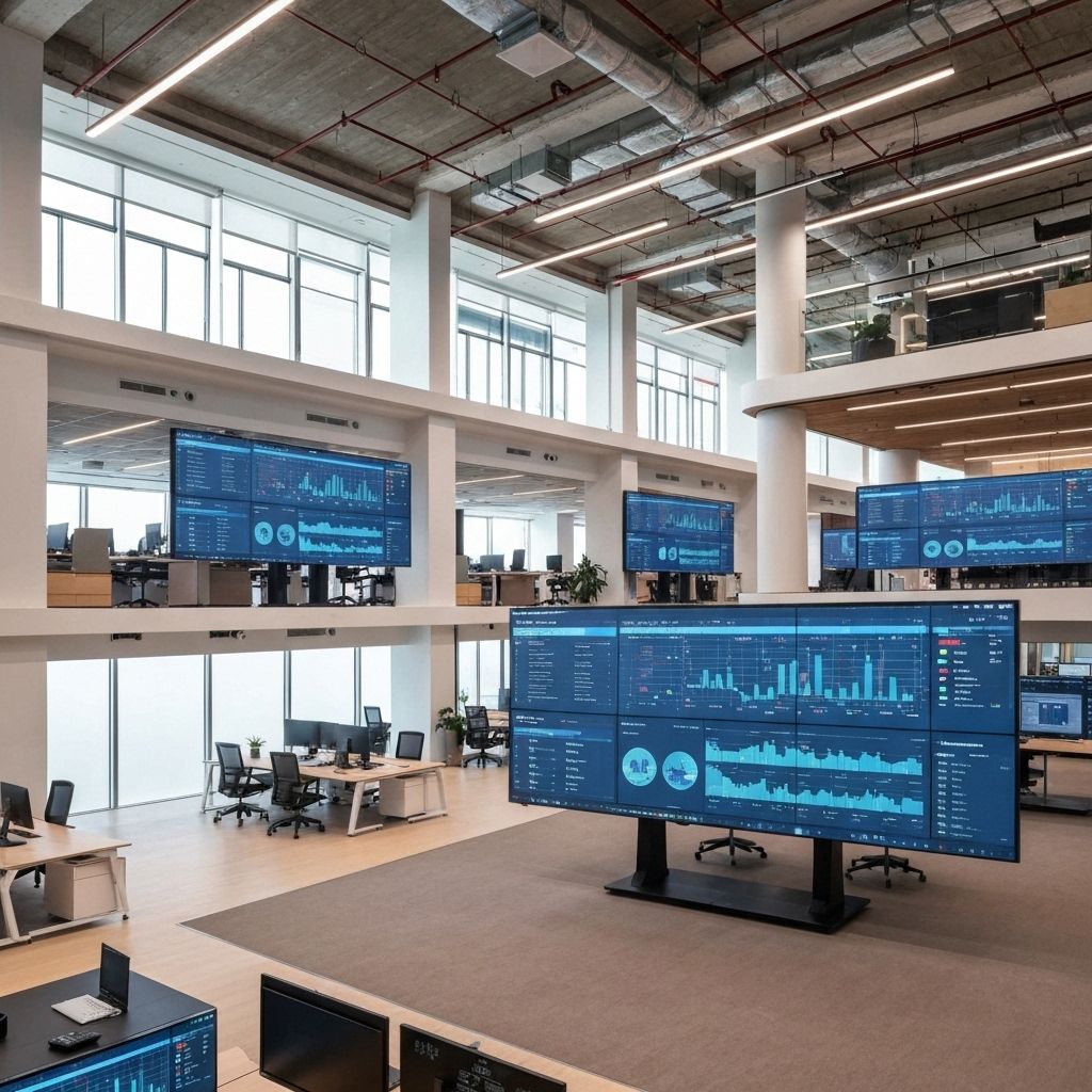 Modern data operations center with multiple analytics displays